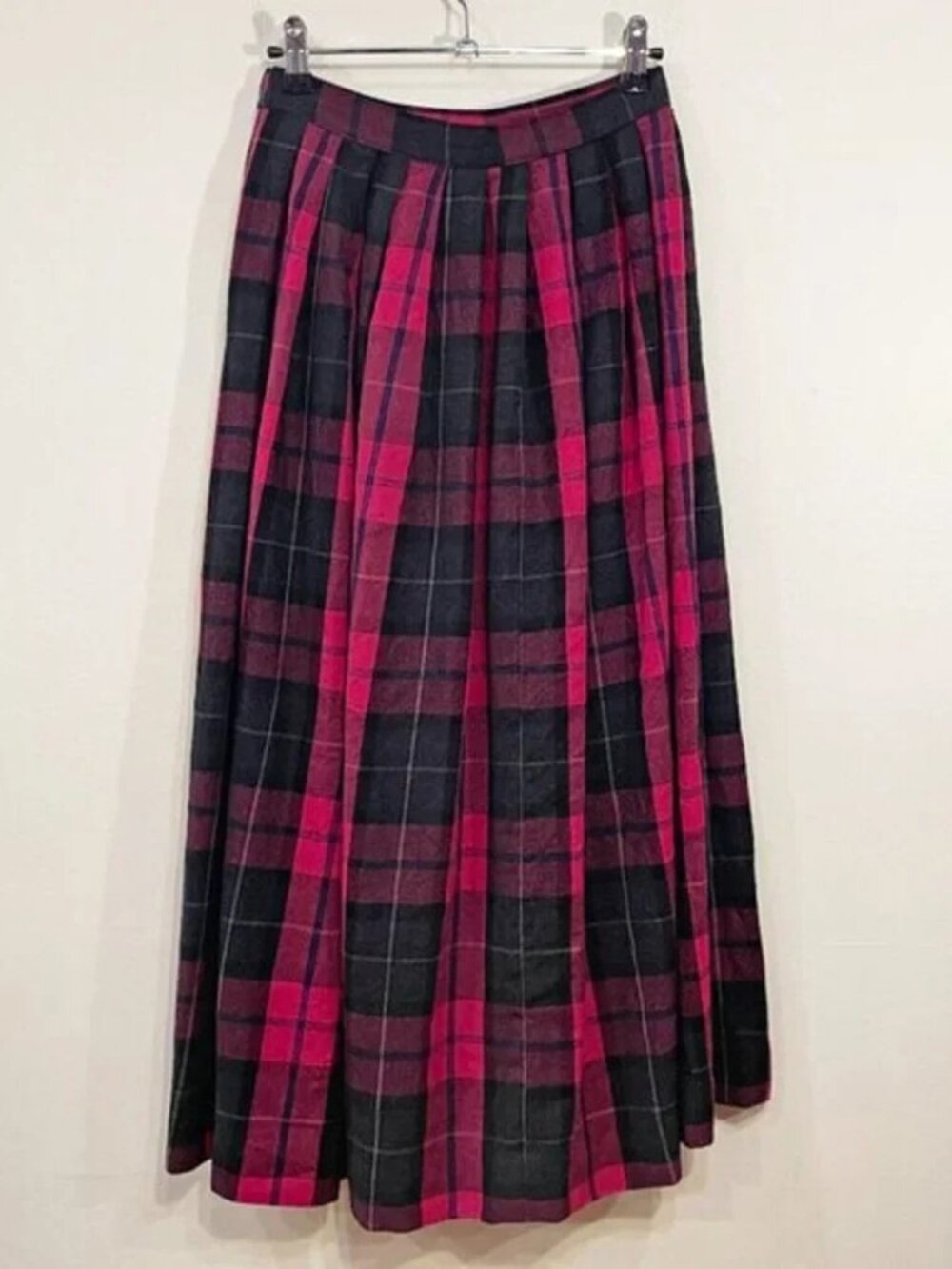 EUC Vintage Wool Plaid Pleated Midi Skirt Pink Charcoal Talbots tag 4, 0/XS fit